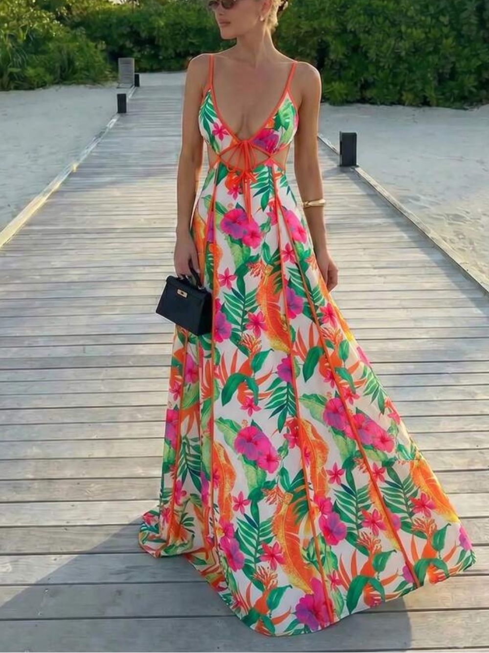 Tropical Floral Cutout Maxi Dress with Neon Trim - Picture 1 of 6